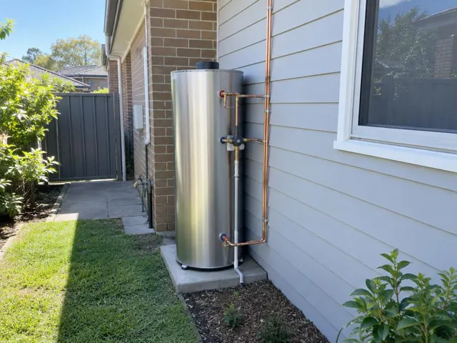 Outdoor hot water system beside a brick and weatherboard house wall in Newington